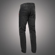 4SR GTS Black motorcycle jeans angled rear view showing stretch lumbar panel and subtle 4SR logo stitching