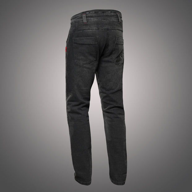 4SR GTS Black motorcycle jeans angled rear view showing stretch lumbar panel and subtle 4SR logo stitching