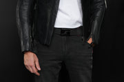 4SR GTS Black motorcycle jeans front detail with leather jacket and 4SR belt, highlighting premium fit