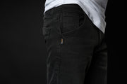 4SR GTS Black motorcycle jeans close-up showing Cordura denim label and clean pocket detail