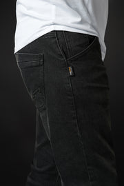 4SR GTS Black motorcycle jeans side view highlighting Cordura denim label and clean stitching
