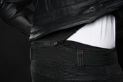 4SR GTS Black motorcycle jeans connected to leather jacket via short waist zipper showing flexible waistband