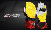 4SR RR Aramid Core Red Racing Gloves highlighting Aramid Core protection zones and abrasion-resistant design
