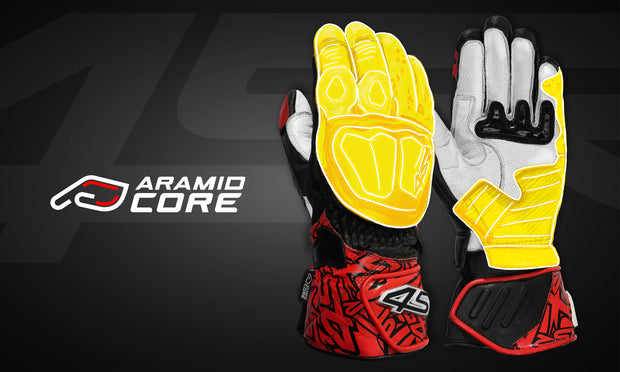 4SR RR Aramid Core Red Racing Gloves highlighting Aramid Core protection zones and abrasion-resistant design