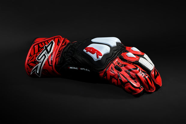 4SR RR Aramid Core Red Racing Gloves – sport and track use gloves with 3D 4SR logo and white knuckle protectors