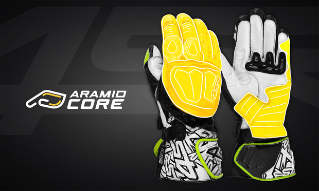 4SR RR Aramid Core White motorcycle gloves with highlighted Aramid Core protection zones and logo graphic