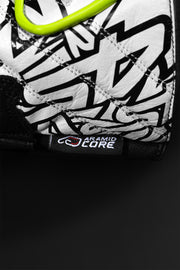 Close-up of 4SR RR Aramid Core White motorcycle gloves showing Aramid Core label and stitching detail