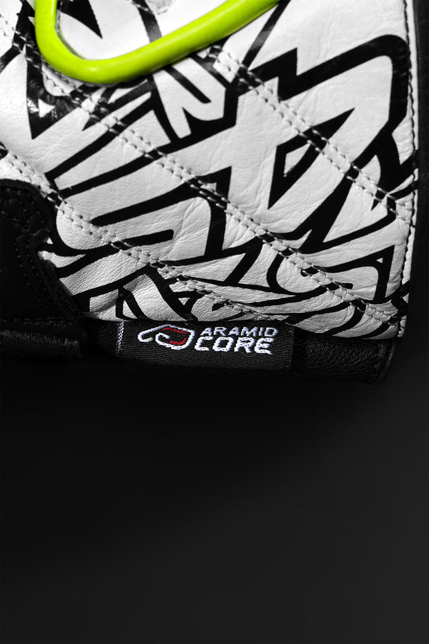 Close-up of 4SR RR Aramid Core White motorcycle gloves showing Aramid Core label and stitching detail