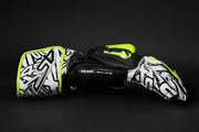 4SR RR Aramid Core White motorcycle racing gloves side view featuring fluo yellow knuckle protectors and black-white 4SR graphics on the cuff