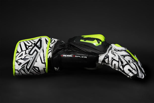 4SR RR Aramid Core White motorcycle racing gloves side view featuring fluo yellow knuckle protectors and black-white 4SR graphics on the cuff
