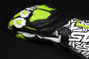 4SR RR Aramid Core White motorcycle racing gloves close-up showing fluo yellow knuckle protection and detailed stitching