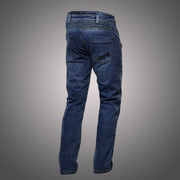4SR GTS Blue motorcycle jeans – angled rear view highlighting ergonomic fit, flex panels, and embroidered 4SR logo on pocket
