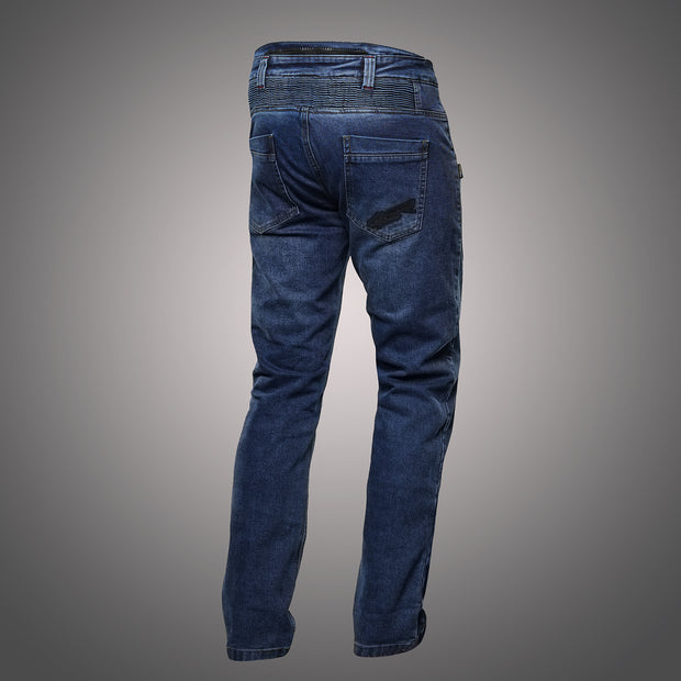 4SR GTS Blue motorcycle jeans – angled rear view highlighting ergonomic fit, flex panels, and embroidered 4SR logo on pocket