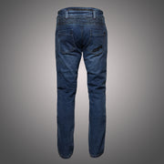 4SR GTS Blue motorcycle jeans – rear view showing raised waist, stretch lumbar panel, and clean seam-free design
