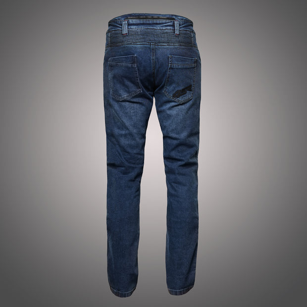 4SR GTS Blue motorcycle jeans – rear view showing raised waist, stretch lumbar panel, and clean seam-free design