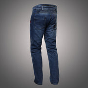 4SR GTS Blue motorcycle jeans angled rear view showing stretch lumbar panel, ergonomic fit, and clean denim design