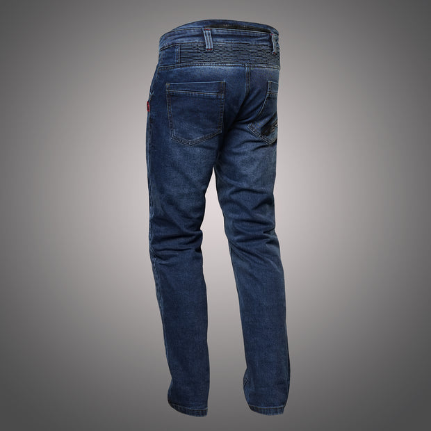 4SR GTS Blue motorcycle jeans angled rear view showing stretch lumbar panel, ergonomic fit, and clean denim design