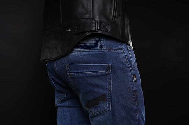 4SR GTS Blue motorcycle jeans angled rear view highlighting ergonomic cut, flex panels, and clean denim finish