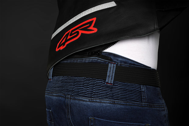4SR GTS Blue motorcycle jeans connected to leather jacket via short waist zipper showing flexible waistband and red 4SR logo detail