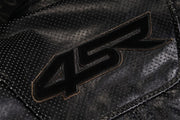 Detail of 4SR Scrambler Petroleum II jacket back logo stitched on perforated leather panel