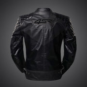 Back of 4SR Scrambler Petroleum II motorcycle jacket in premium buffalo leather with perforated detail and 4SR logo.