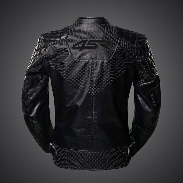 Back of 4SR Scrambler Petroleum II motorcycle jacket in premium buffalo leather with perforated detail and 4SR logo.