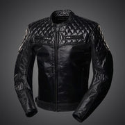4SR Scrambler Petroleum II black leather motorcycle jacket with quilted shoulders, perforated panels, and front zip pockets.