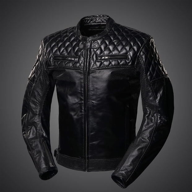 4SR Scrambler Petroleum II black leather motorcycle jacket with quilted shoulders, perforated panels, and front zip pockets.