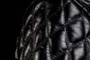 Diamond quilted shoulder detail on 4SR Scrambler Petroleum II black leather motorcycle jacket.