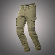 Dynamic angled front view of 4SR Tourismo Green motorcycle jeans – Cordura® fabric with AFS knee protection system