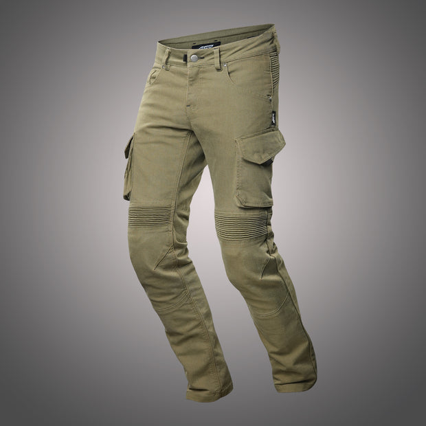Dynamic angled front view of 4SR Tourismo Green motorcycle jeans – Cordura® fabric with AFS knee protection system