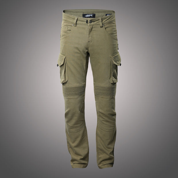 Front view of 4SR Tourismo Green motorcycle jeans with cargo pockets, flex panels and reinforced knees