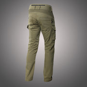 Side angled view of 4SR Tourismo Green Cordura® Denim motorcycle jeans highlighting high-rise waistband and ergonomic fit