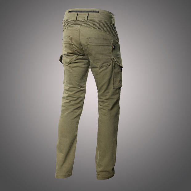 Side angled view of 4SR Tourismo Green Cordura® Denim motorcycle jeans highlighting high-rise waistband and ergonomic fit