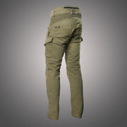 Angled rear view of 4SR Tourismo Green motorcycle jeans showing stretch panels and cargo pocket design