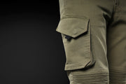 Close-up of 4SR Tourismo Green motorcycle jeans cargo pocket – Cordura® denim riding pants with secure storage