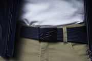 4SR branded belt on Tourismo Green motorcycle jeans – adjustable waistband for secure fit