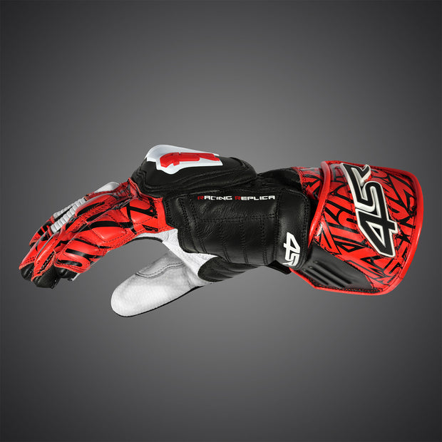 4SR RR Aramid Core Red Racing Gloves side view – flexible pre-curved fit with Aramid Core protection and dual wrist closure