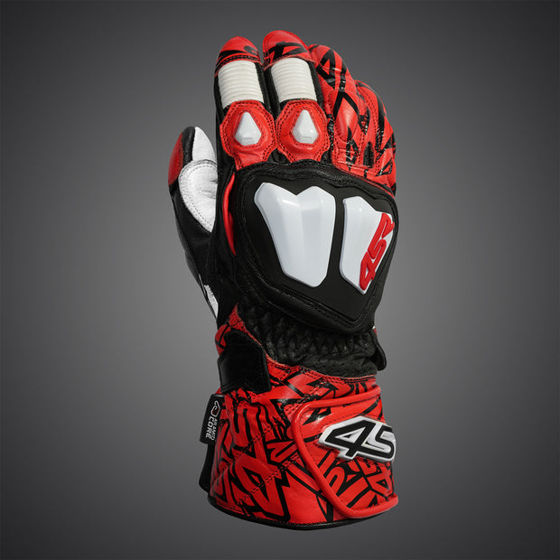 4SR RR Aramid Core Red Racing Gloves – premium leather motorcycle gloves with white knuckle armor and red-black racing design