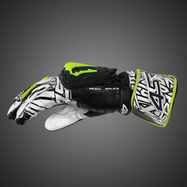 4SR RR Aramid Core White motorcycle racing gloves side view showing black, white and fluo yellow design with reinforced knuckle protection