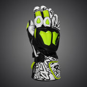 4SR RR Aramid Core White motorcycle racing gloves front view showing Aramid Core knuckle protectors and fluo yellow accents