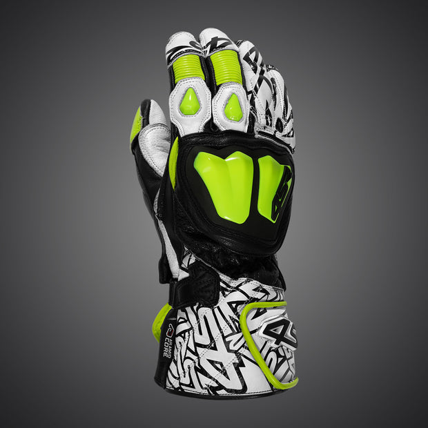 4SR RR Aramid Core White motorcycle racing gloves front view showing Aramid Core knuckle protectors and fluo yellow accents