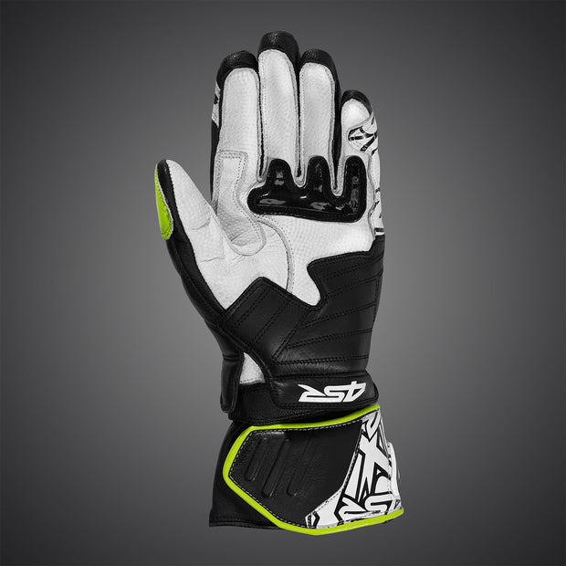 4SR RR Aramid Core White motorcycle racing gloves palm view highlighting Pittards leather construction and grip zones

Image 3 (front top view):