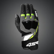 Front view of 4SR Stunt Yellow gloves featuring knuckle protector and short cuff design for summer riding

