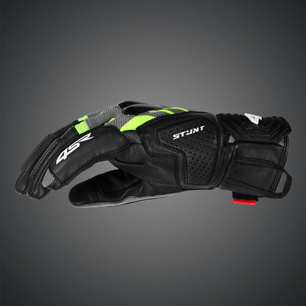 Side view of 4SR Stunt Yellow motorbike gloves with goat leather and breathable textile