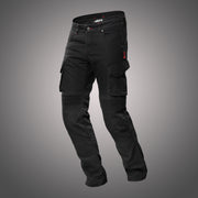 Angled front view of 4SR Tourismo Black touring jeans with knee shaping and pockets