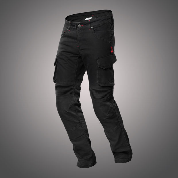 Angled front view of 4SR Tourismo Black touring jeans with knee shaping and pockets