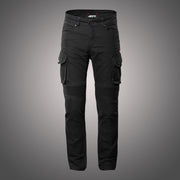 Front view of 4SR Tourismo Black jeans with ergonomic knee panels and cargo pockets