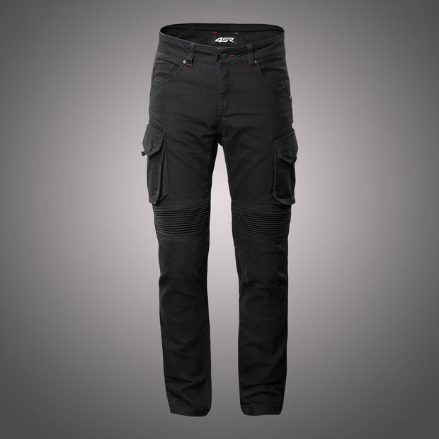 Front view of 4SR Tourismo Black jeans with ergonomic knee panels and cargo pockets