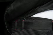 Close-up of 4SR Tourismo Black motorcycle jeans with connecting zipper for attaching to 4SR jackets or two-piece suits.